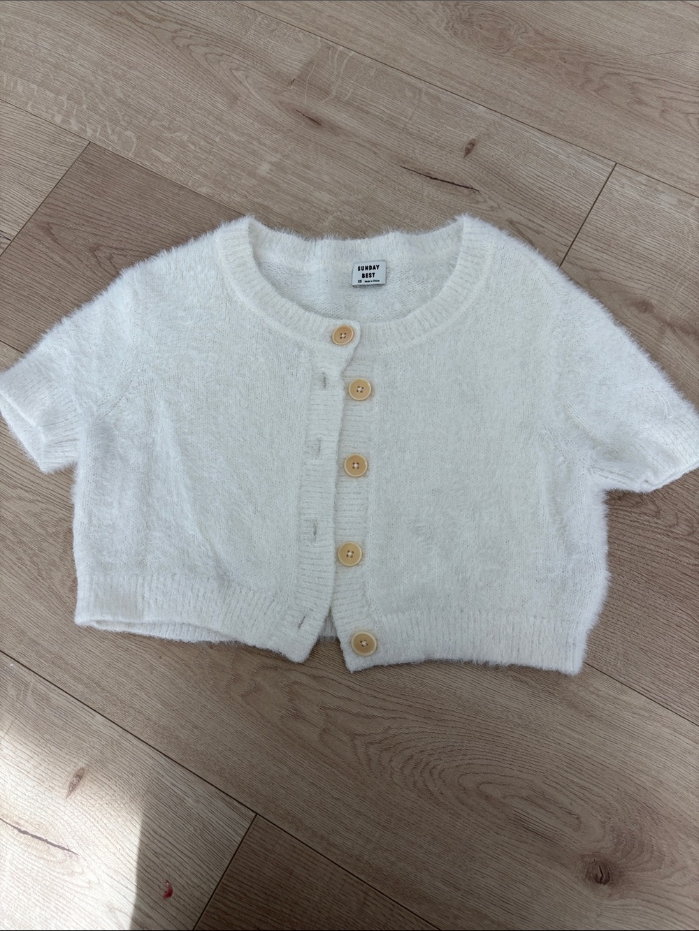 Aritzia XS Sunday Best Cream Fuzzy Short-Sleeve Button Cardigan